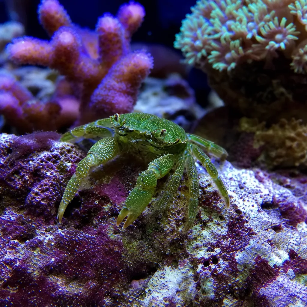 Emerald crab foraging across reef rock in a saltwater tank