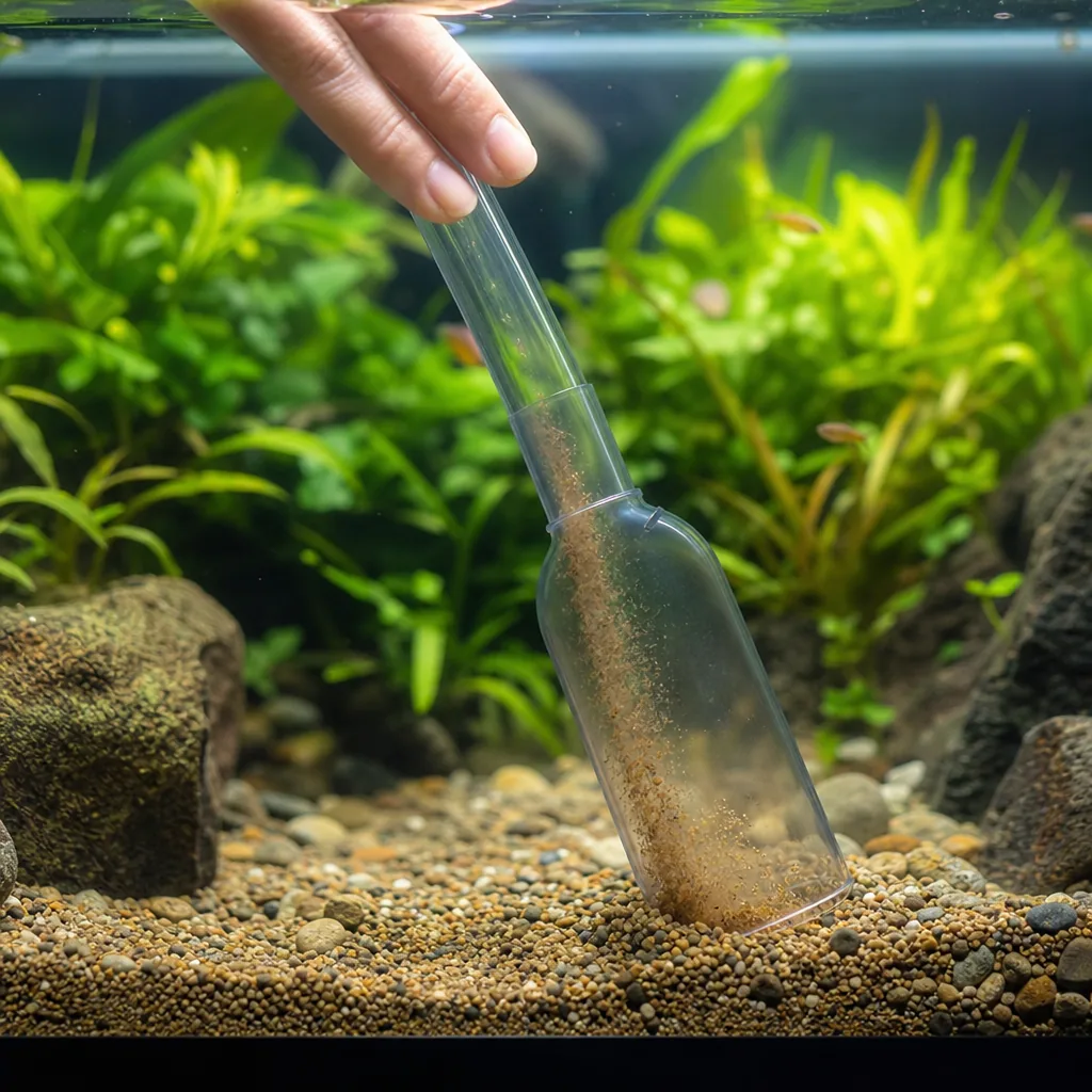 Hand removing excess food and debris from aquarium substrate