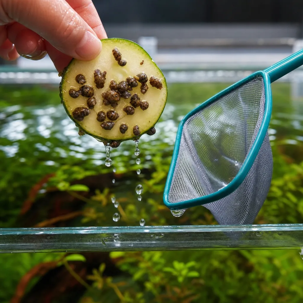 Hand lifting a snail-covered blanched vegetable trap out of tank