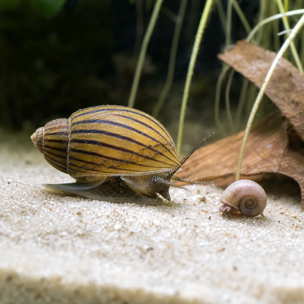 Assassin snail hunting a pest snail on aquarium sand