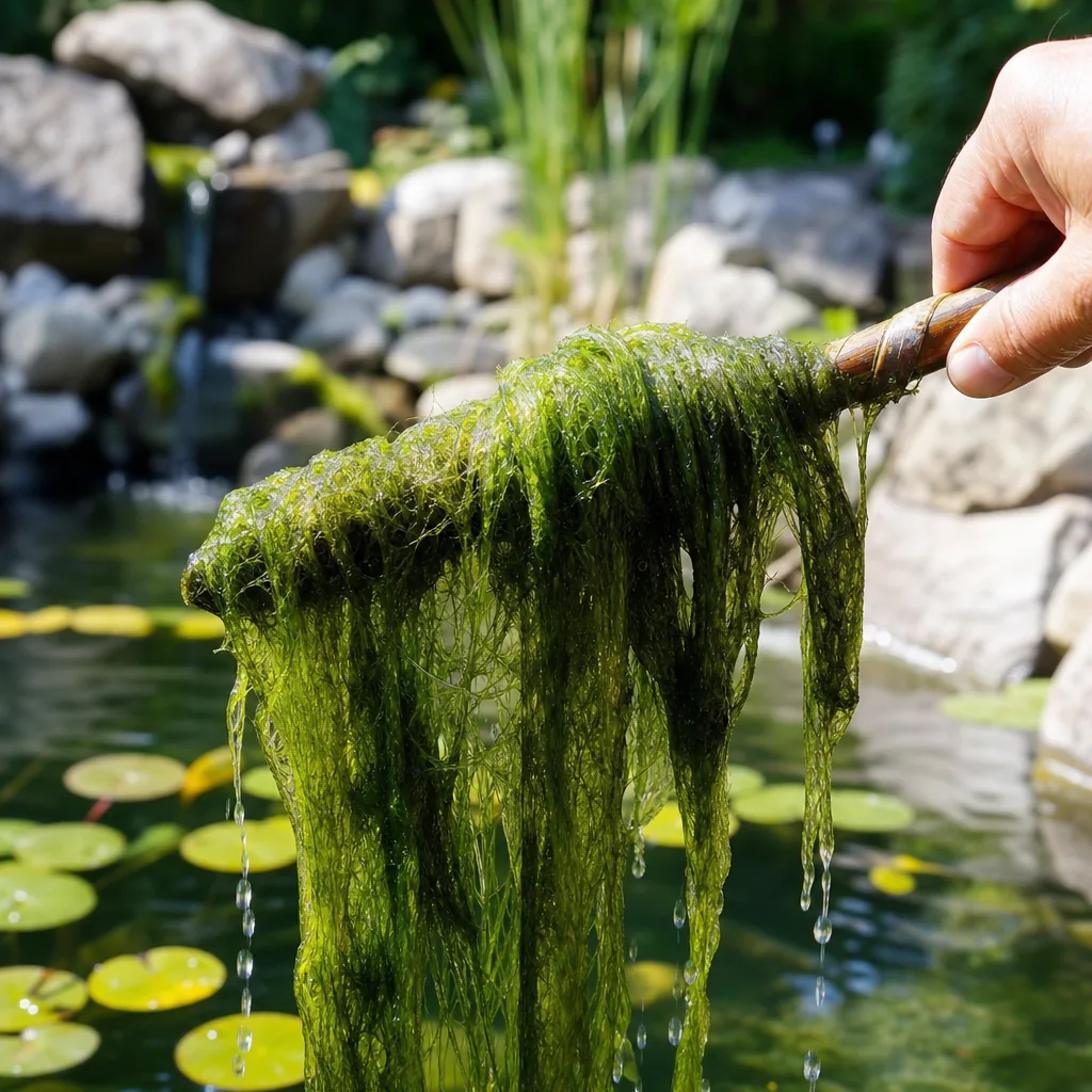 Hand pulling string algae from pond on a stick