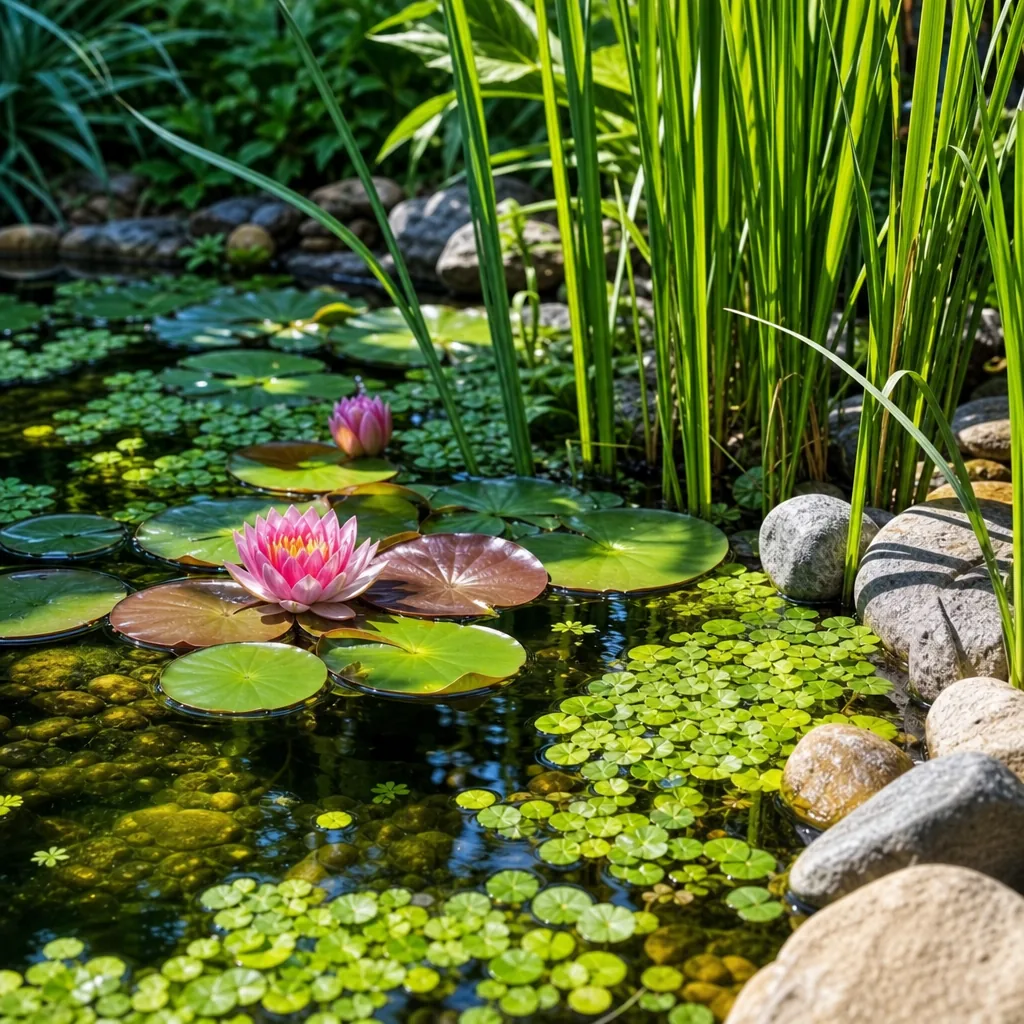 Pond plants and lilies competing with algae