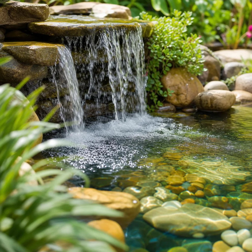 Pond waterfall with filter and clear flowing water