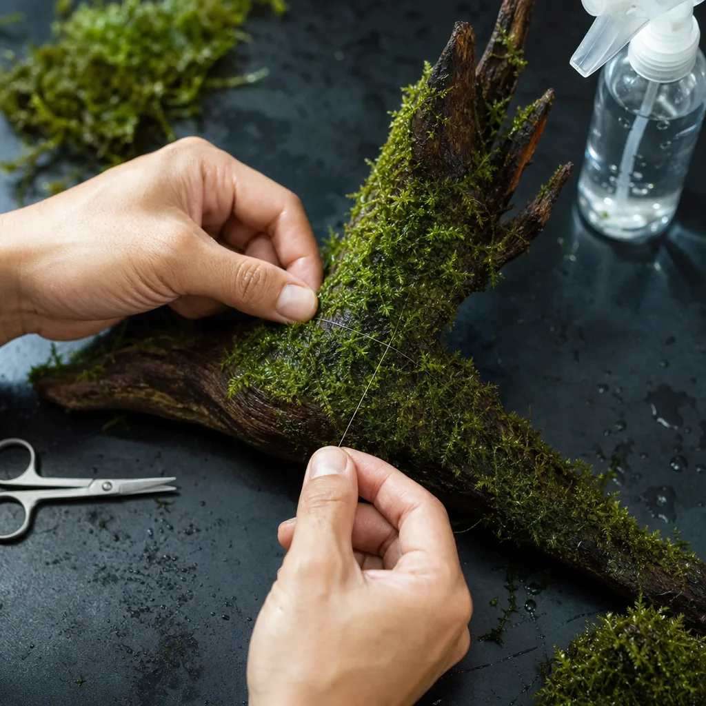 Hands tying moss to driftwood with cotton thread