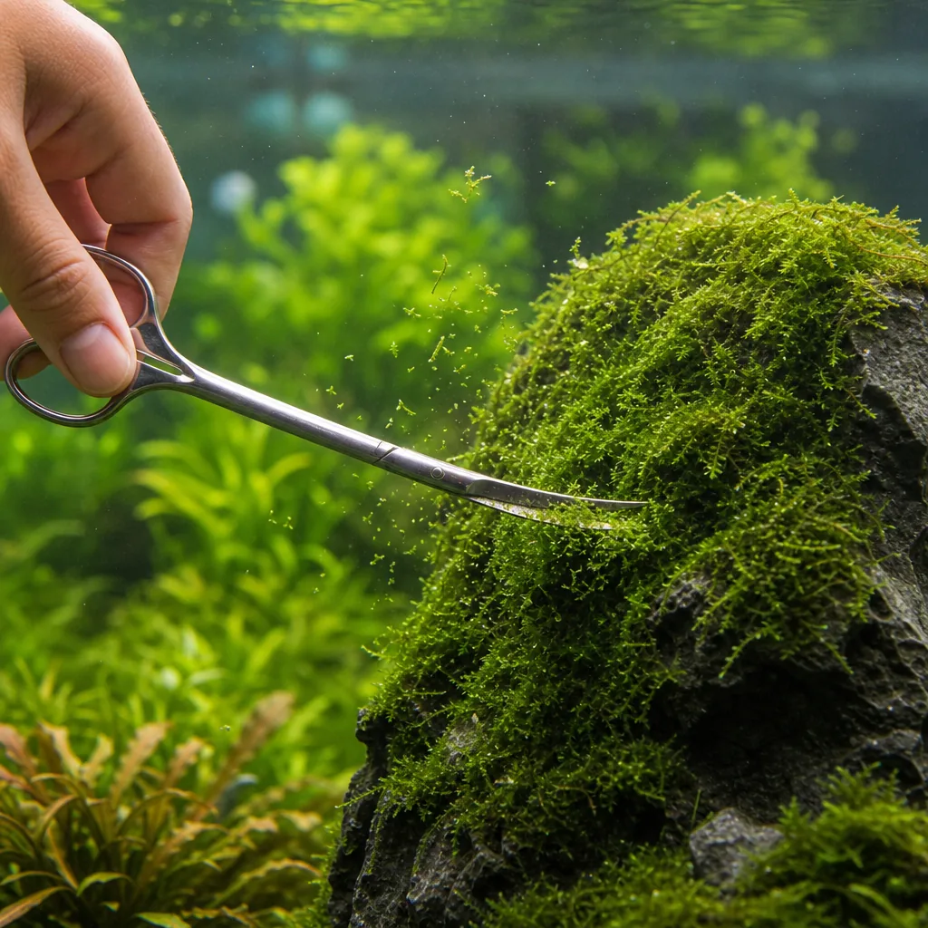 Sharp scissors trimming overgrown moss underwater