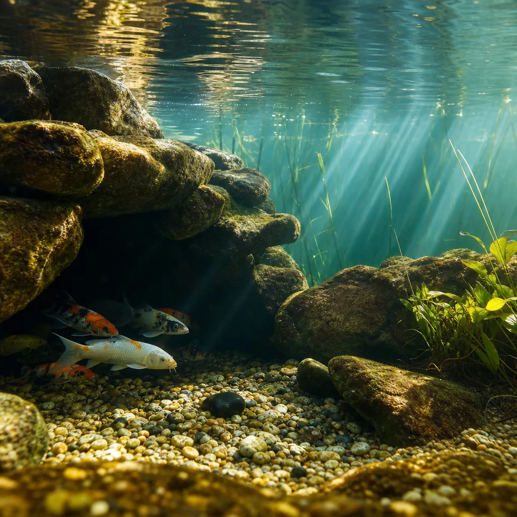 Deep pond section with shaded fish refuge underwater