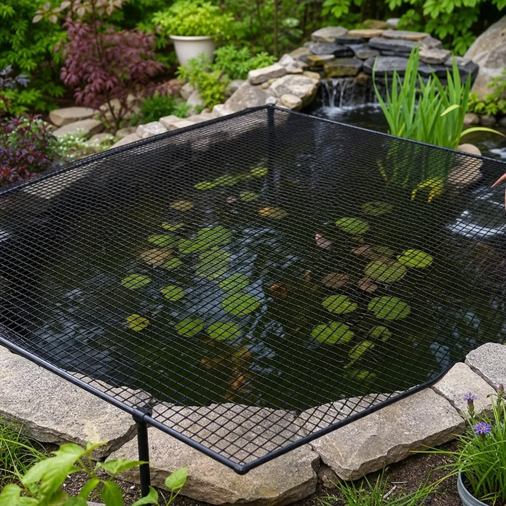 Protective netting stretched over a garden pond surface