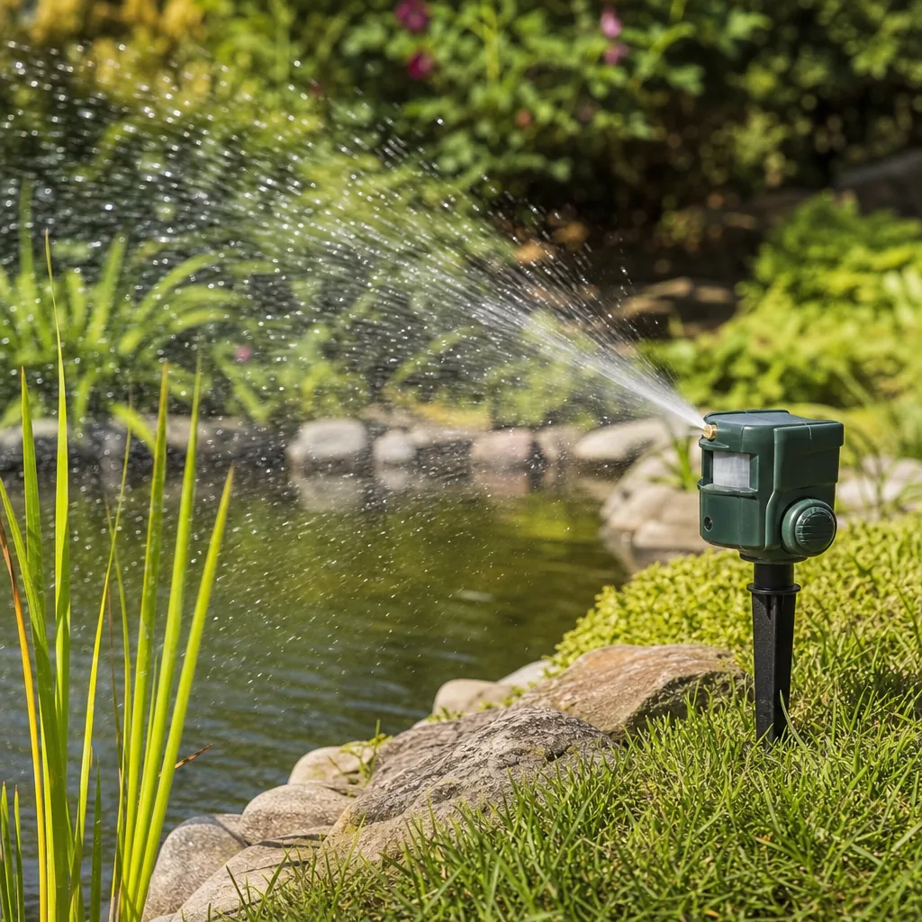 Motion-activated water sprinkler deterrent beside a pond