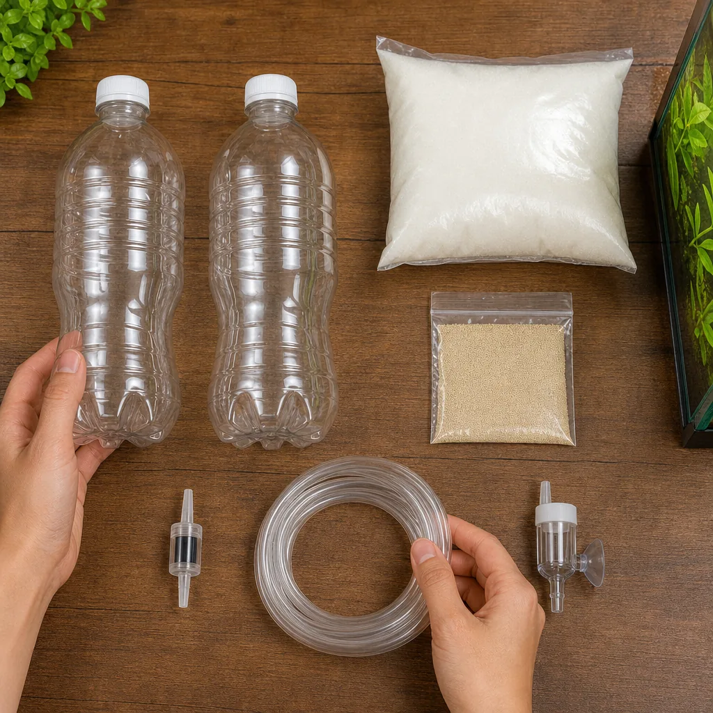 Hands gathering bottles tubing sugar and yeast supplies