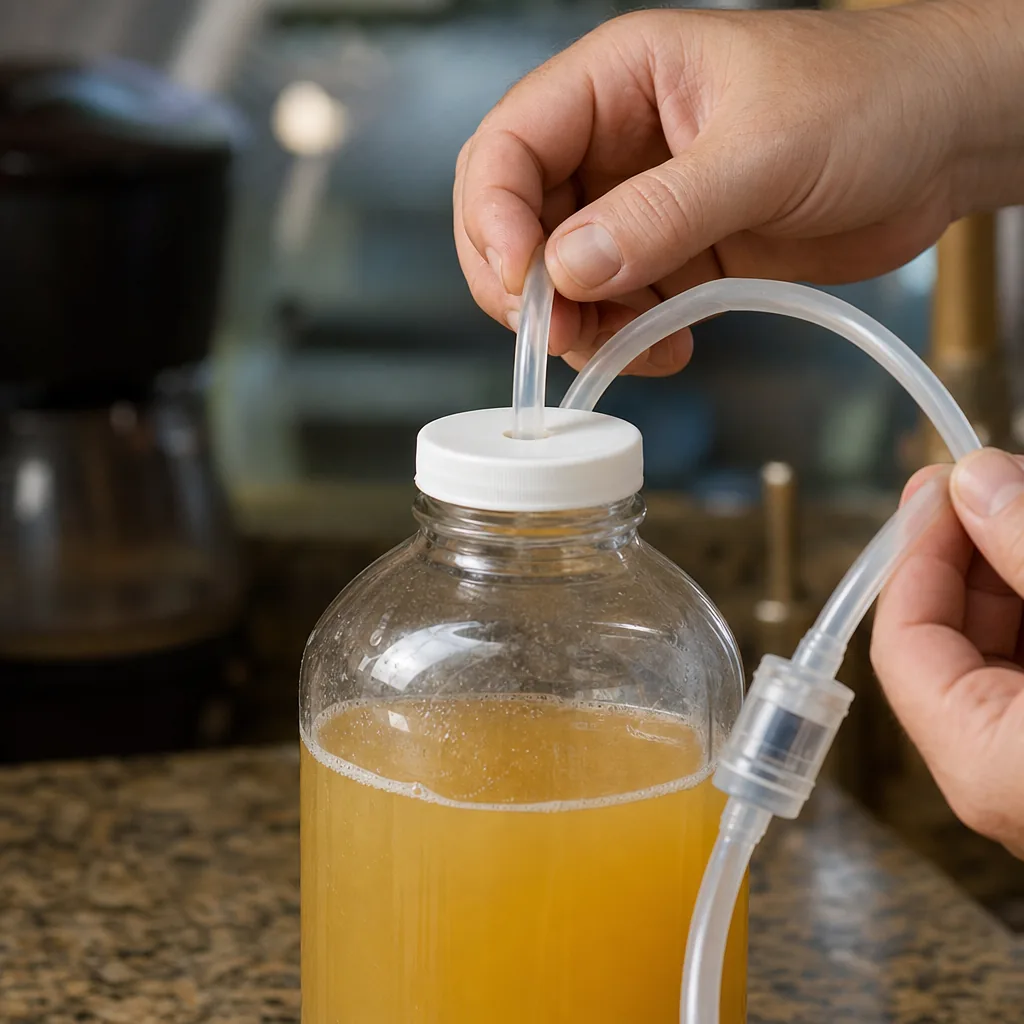 Hands assembling tubing into a capped fermentation bottle