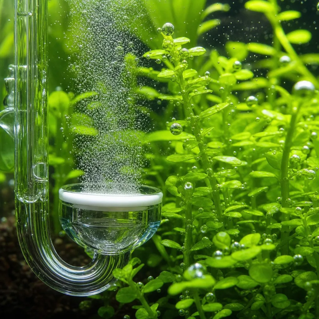 Fine CO2 bubbles rising through a planted aquarium diffuser