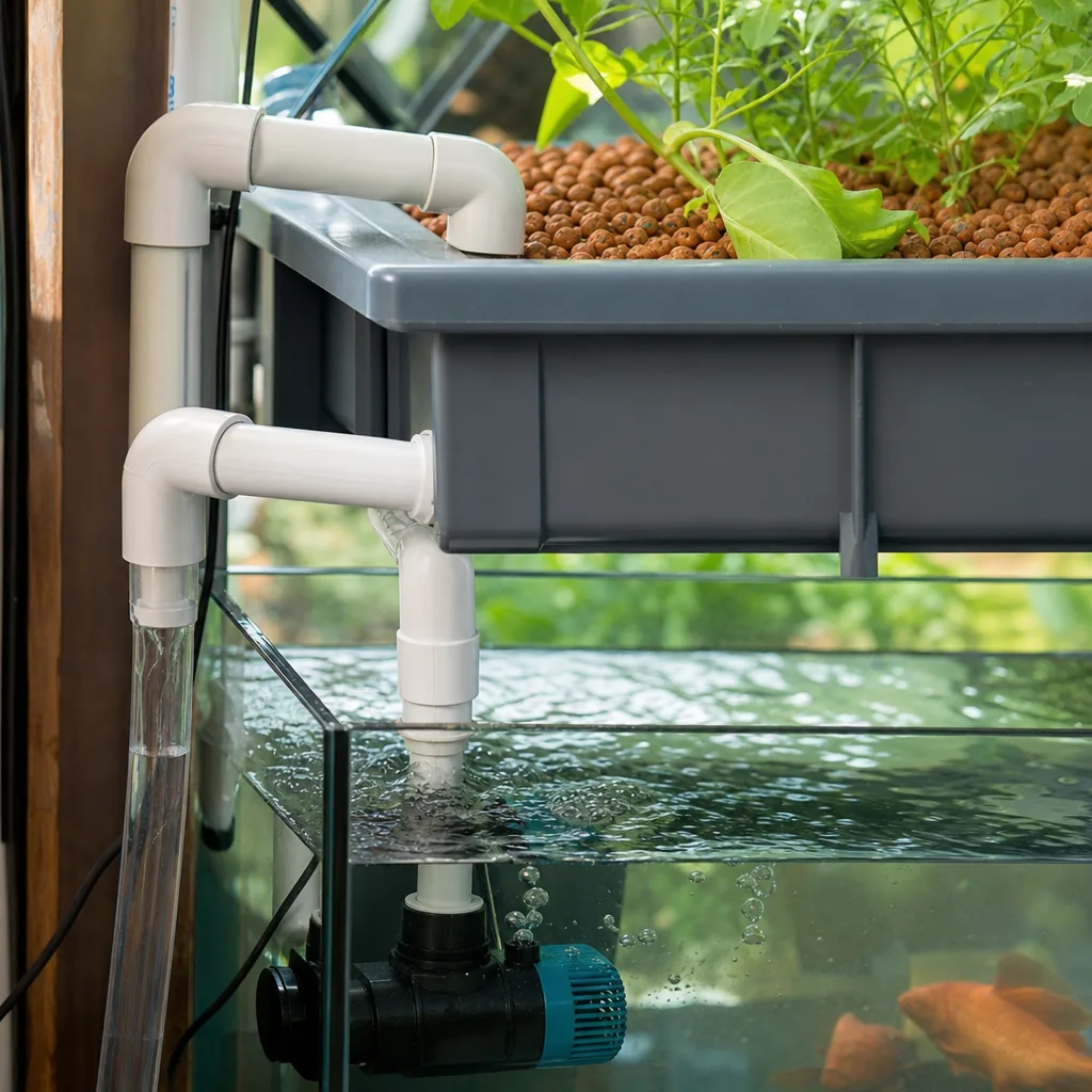 Water pump and plumbing connecting tank to grow bed