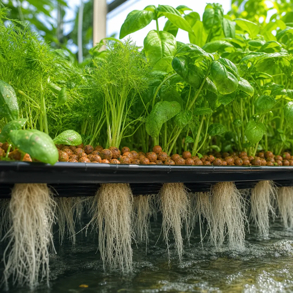 Leafy greens growing in a hydroponic grow bed