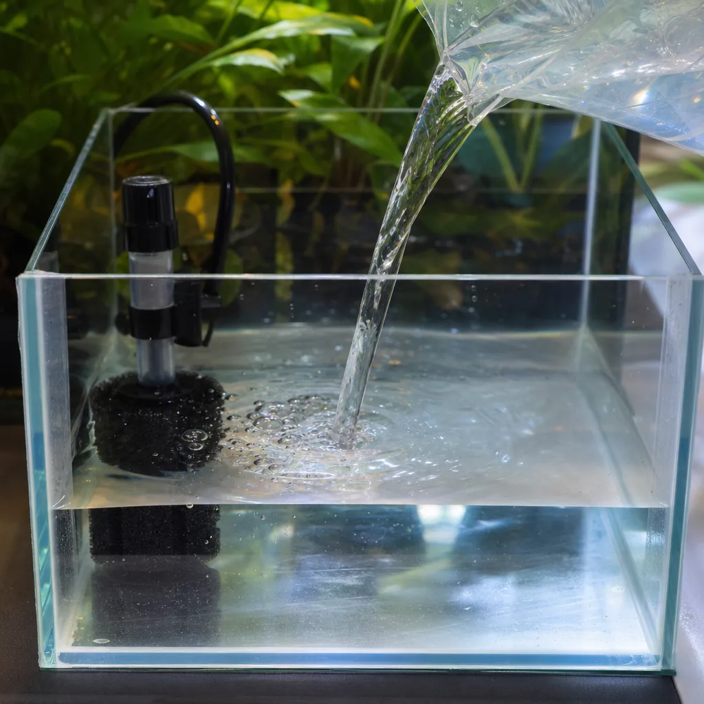 Clean water change being poured into a bare tank