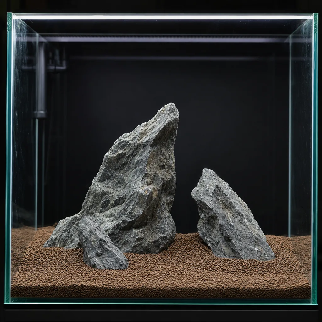 Three angular stones arranged in an aquascape composition