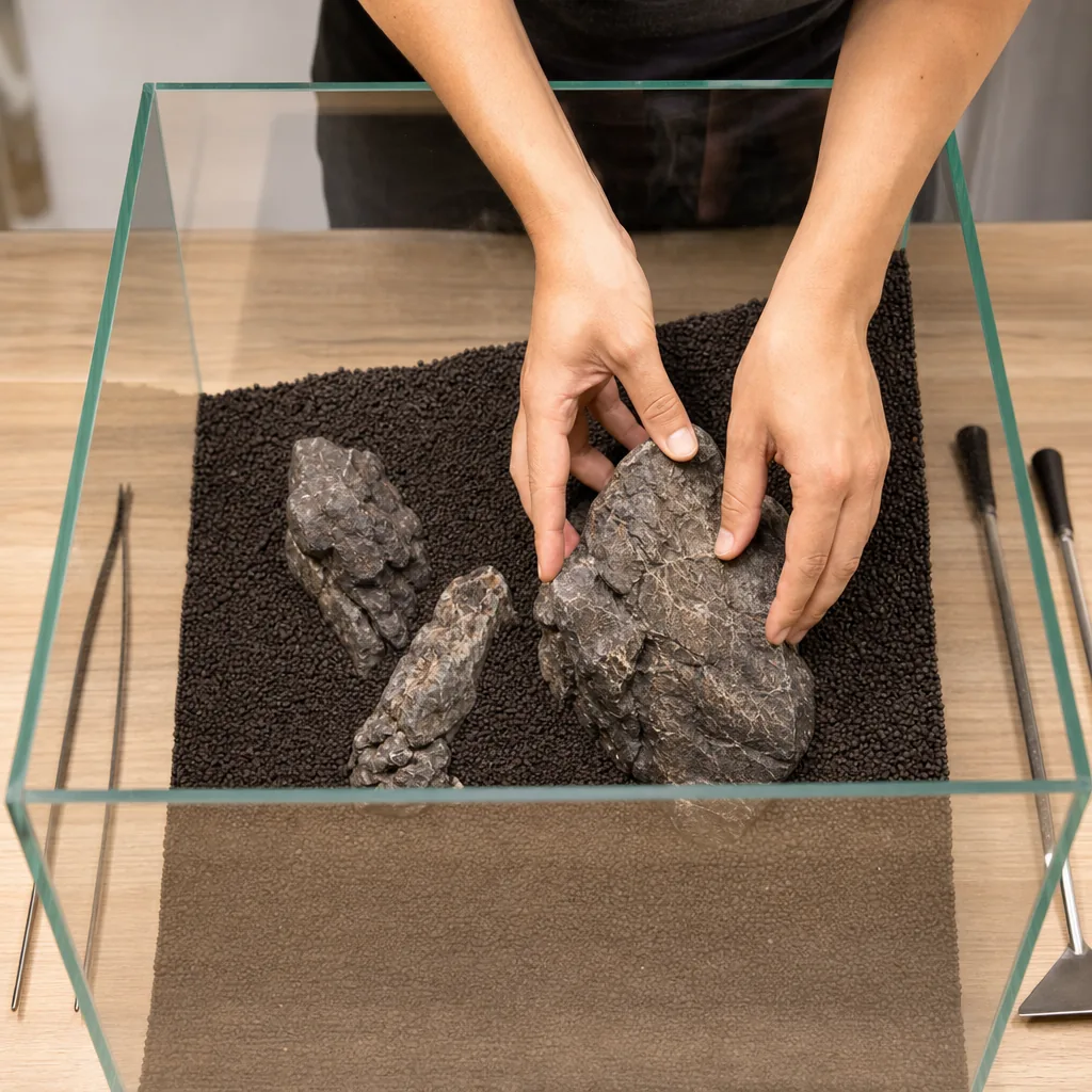 Hands placing a stone into aquarium substrate during scaping