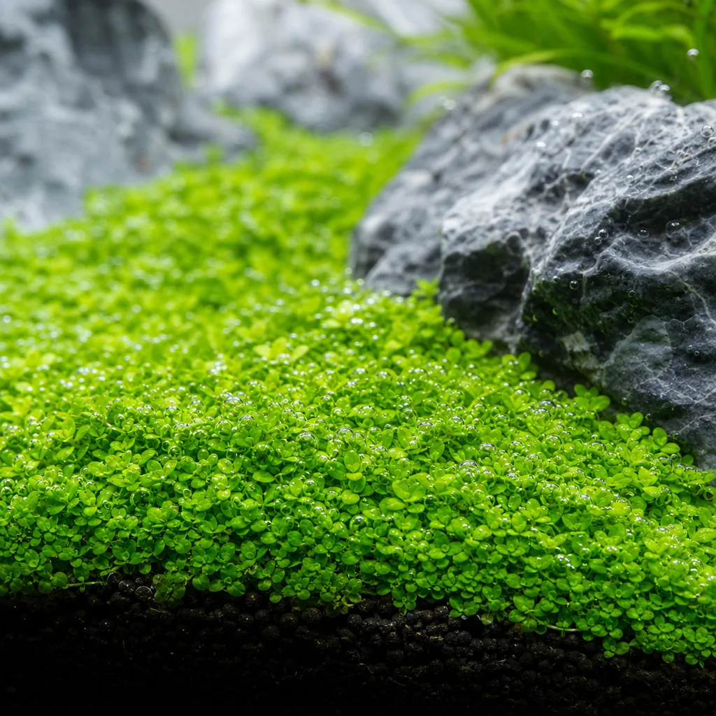 Lush green carpet plants covering the foreground of a planted tank