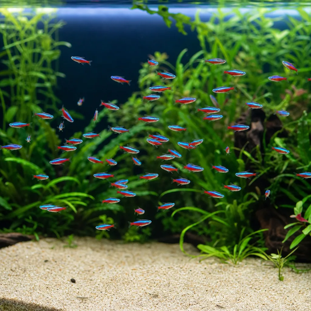 Neon tetra school moving through open swimming space
