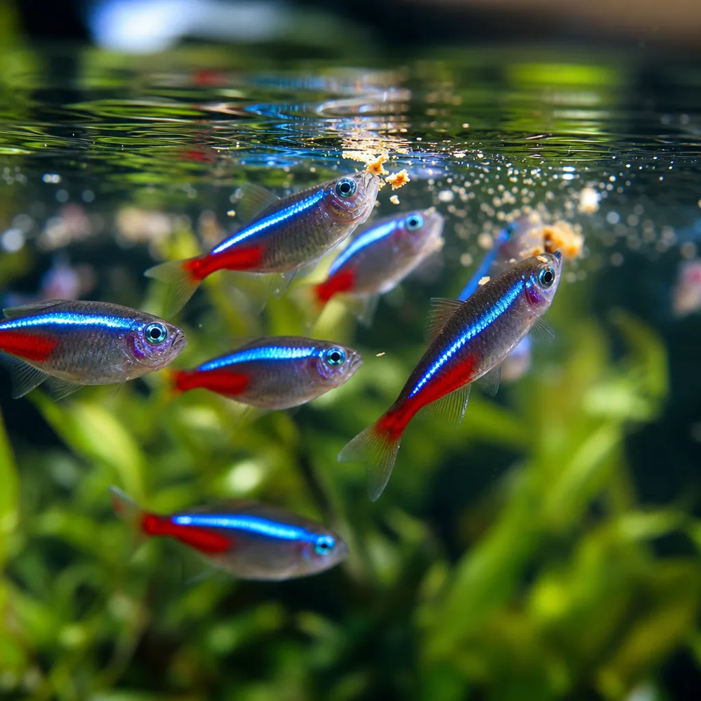Neon tetras feeding on tiny food particles