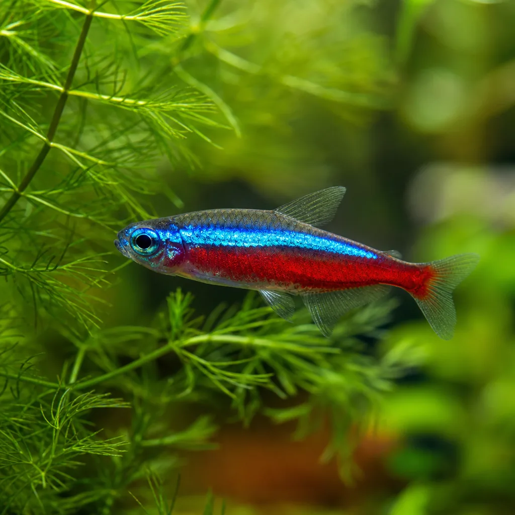 Close view of a single neon tetra among fine plants