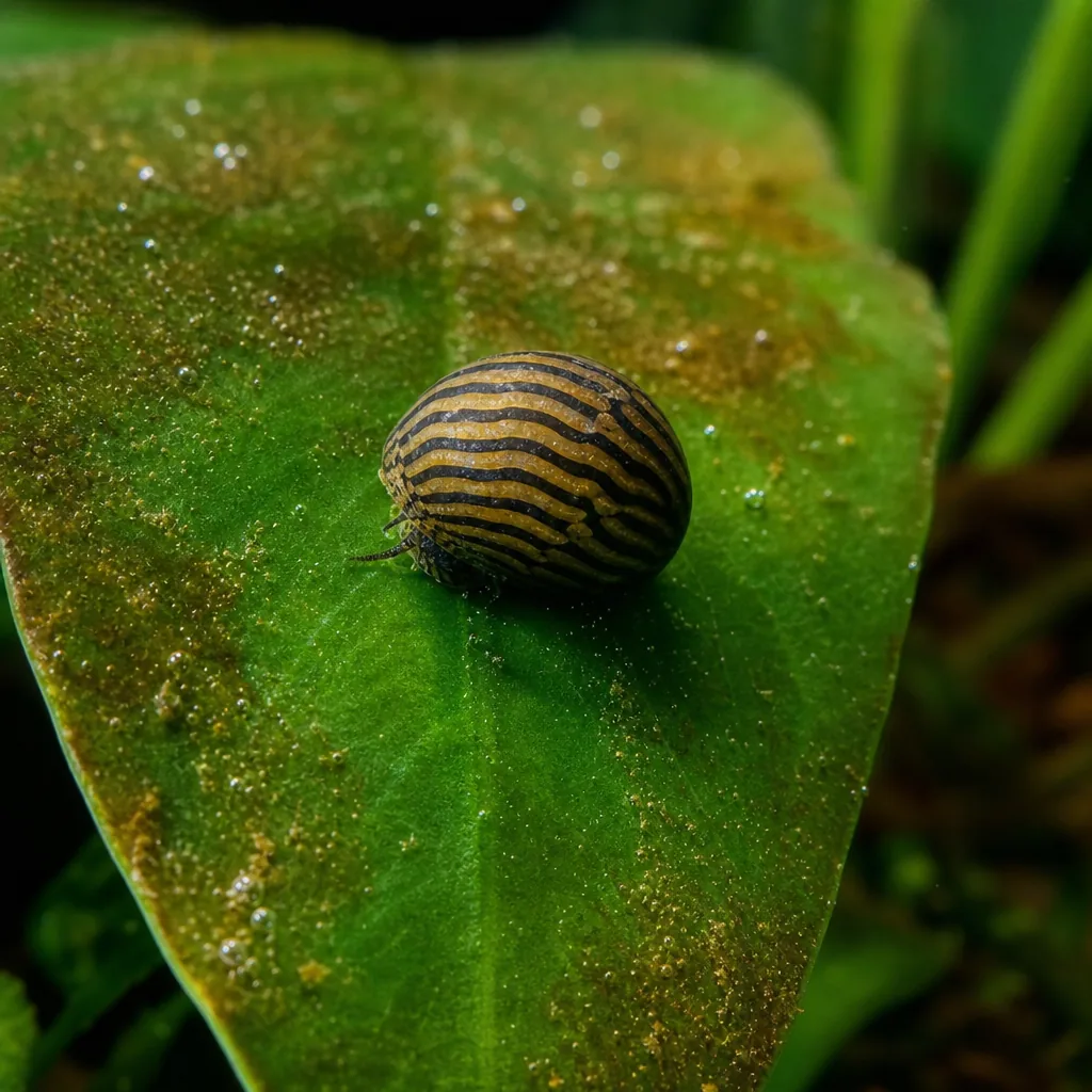 Nerite snail cleaning algae off a broad plant leaf
