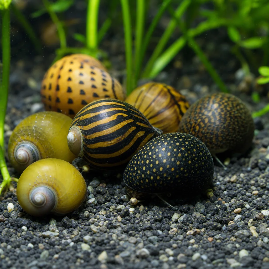 Several differently patterned nerite snail shells on substrate