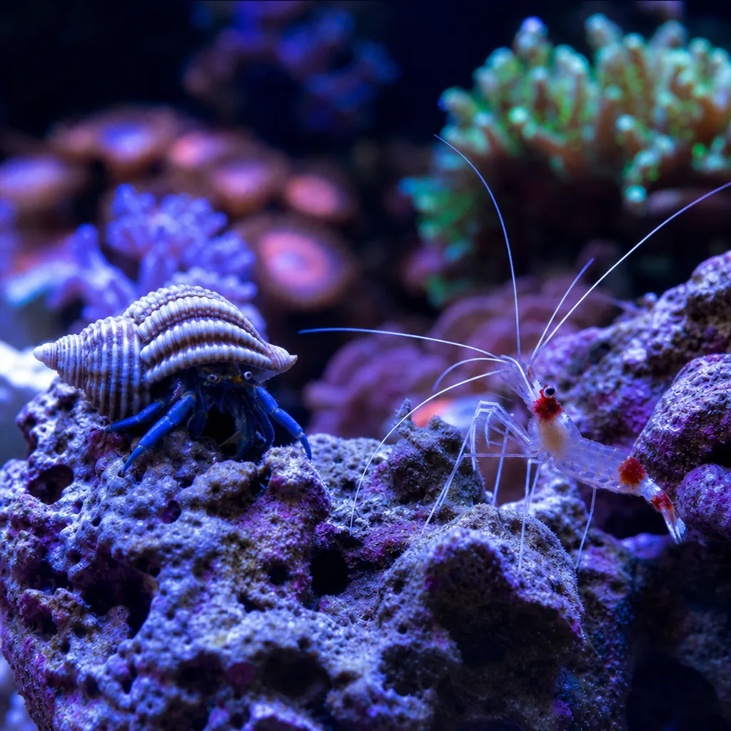 Small hermit crab and cleaner shrimp on reef rock