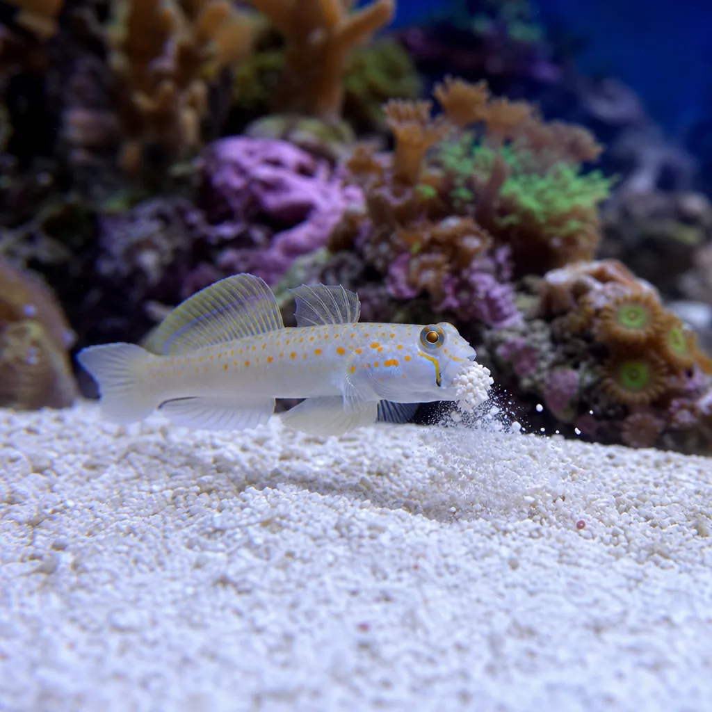 Sand-sifting goby stirring reef aquarium sand bed