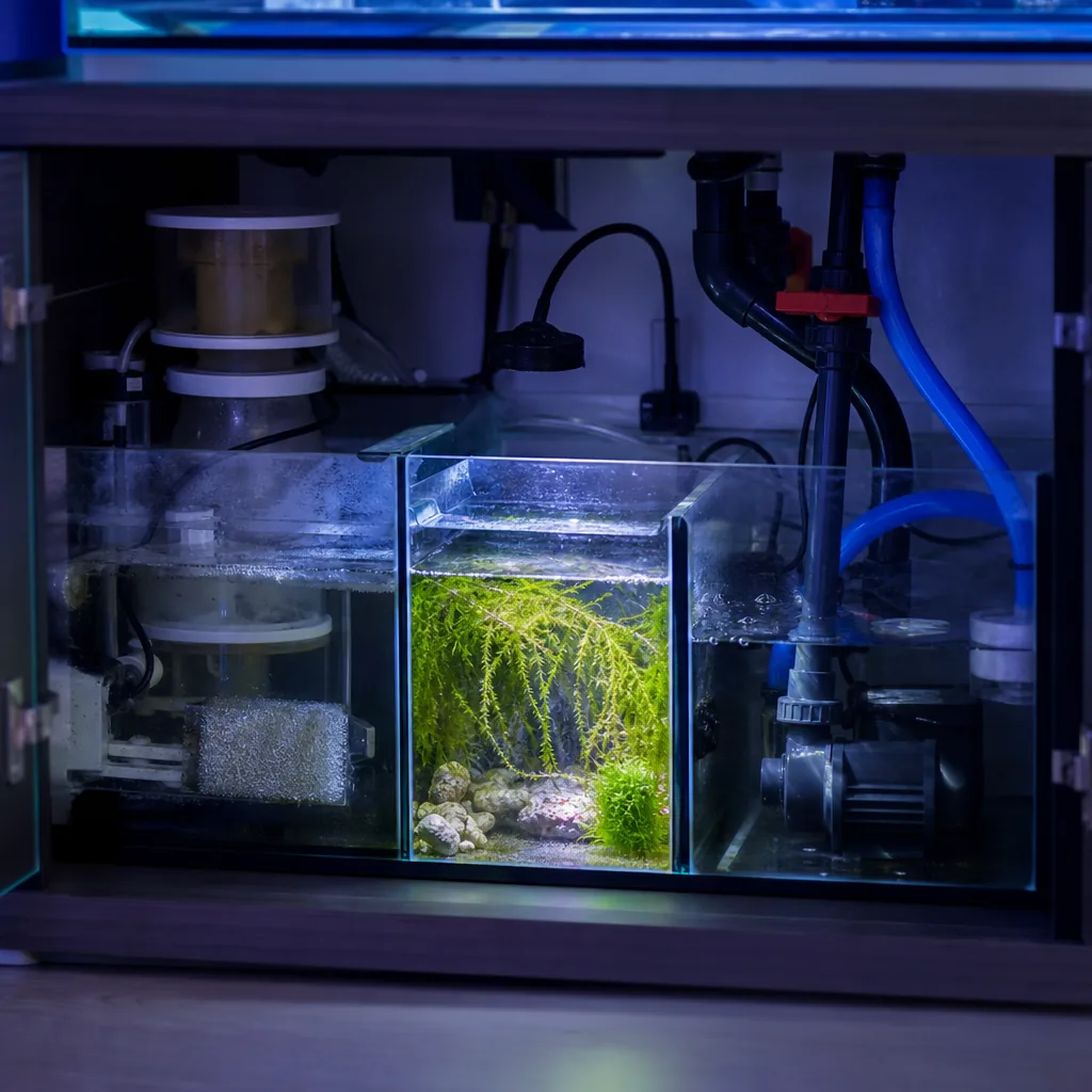 Sump filtration section beneath a reef aquarium