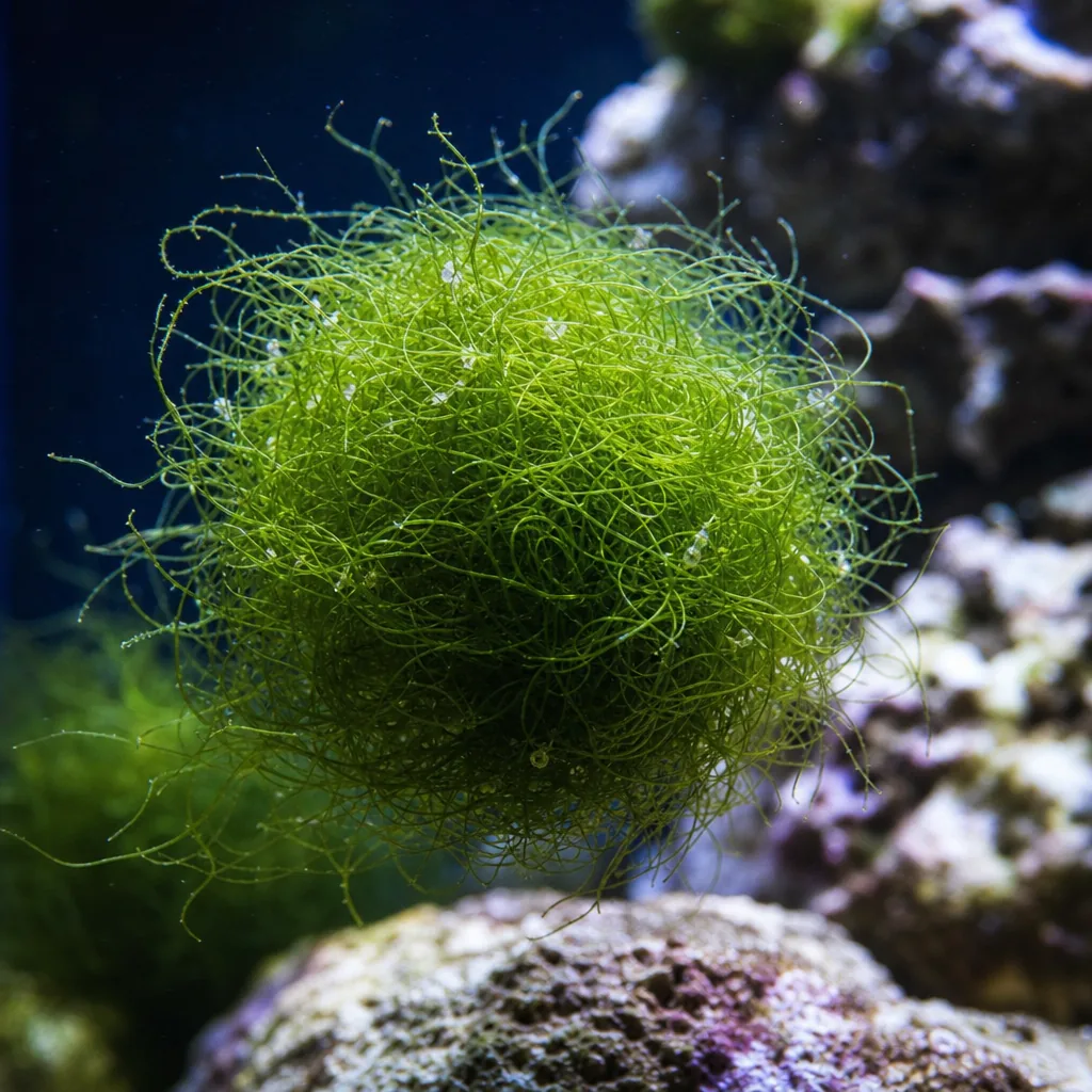 Dense green chaeto macroalgae ball in saltwater