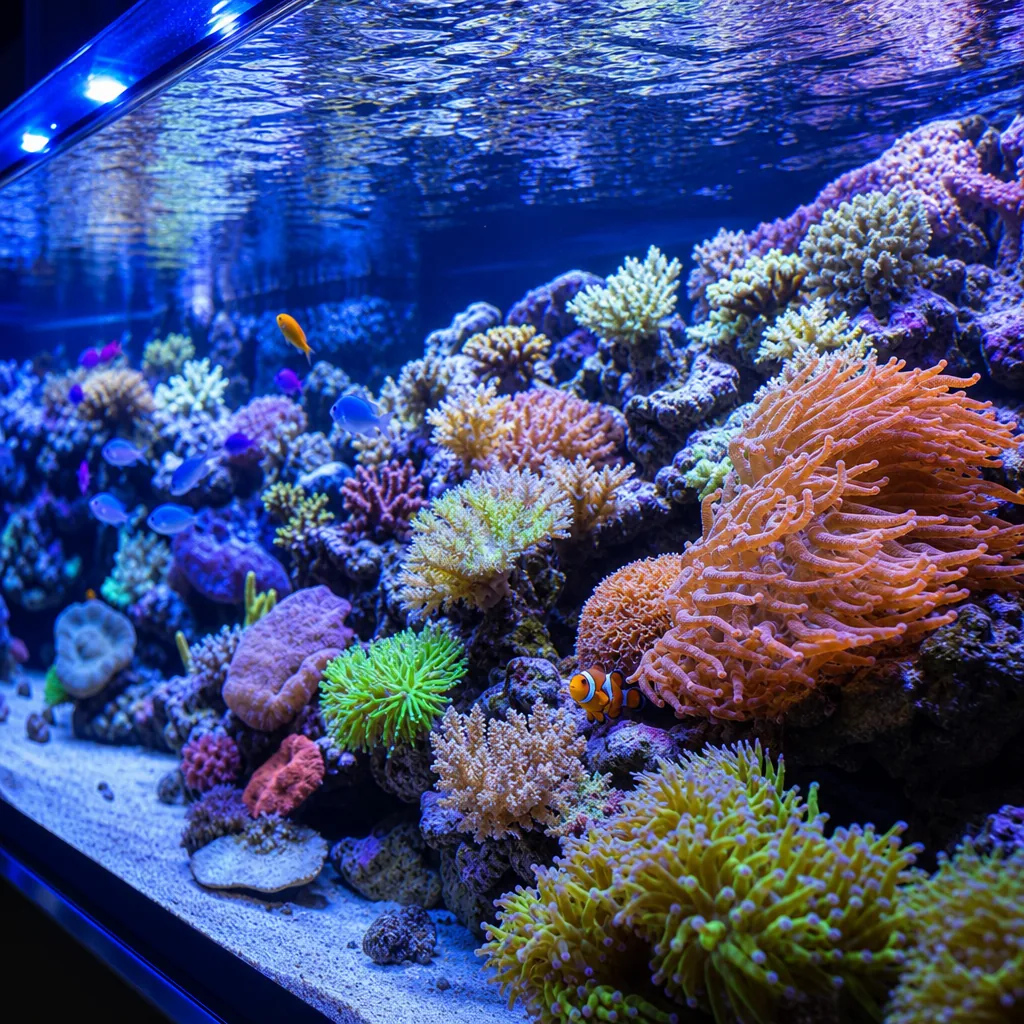 Colorful reef corals thriving in clear saltwater tank