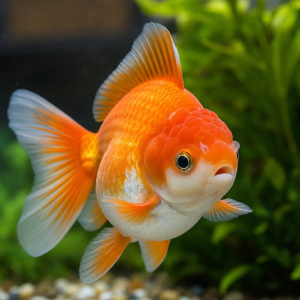 Close-up of a fancy goldfish body against tank glass