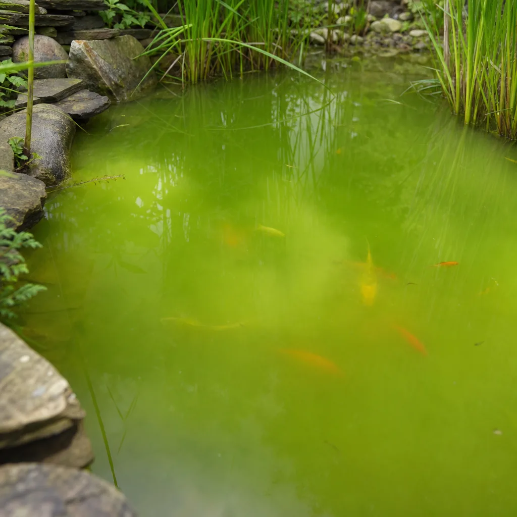 Green algae-clouded pond water before treatment