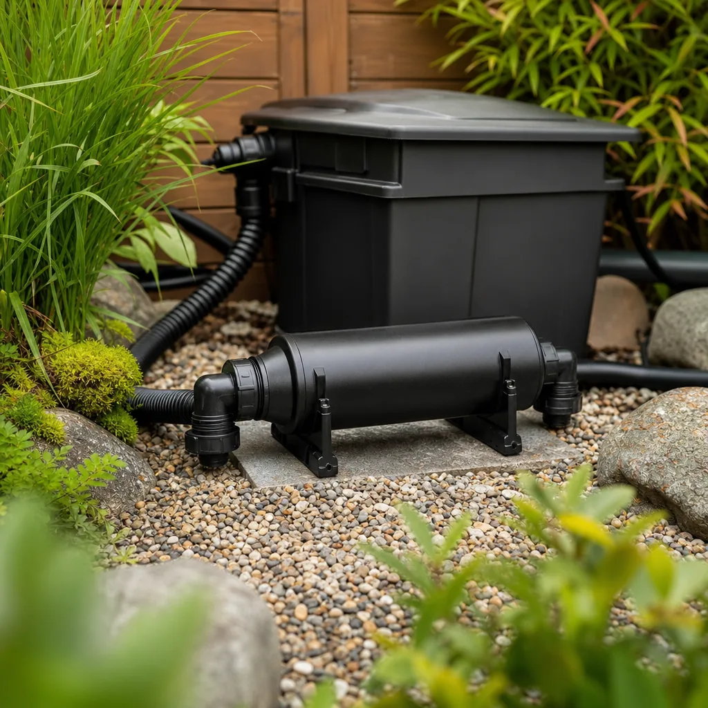 Cylindrical UV clarifier unit with pond plumbing