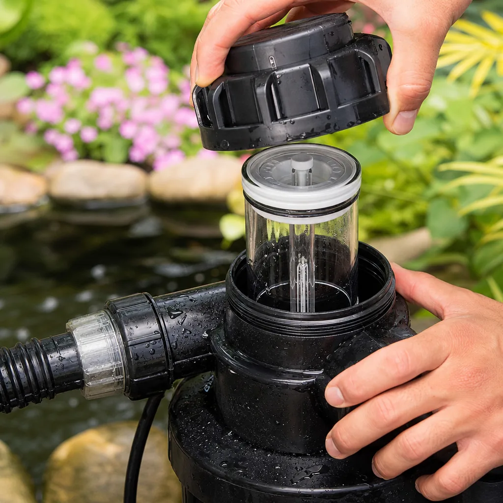 Hands opening a UV clarifier to service the quartz sleeve