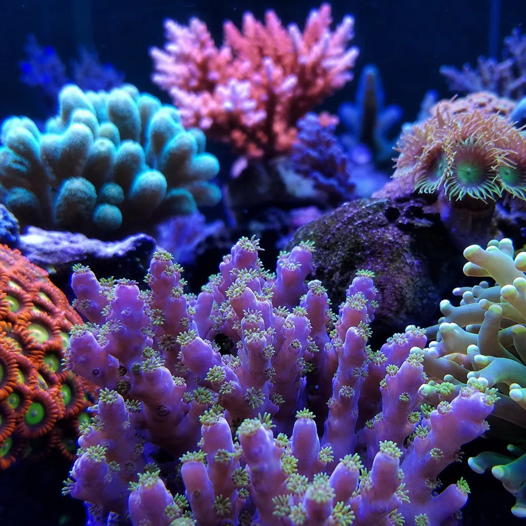 Bright reef corals under blue LED aquarium lighting