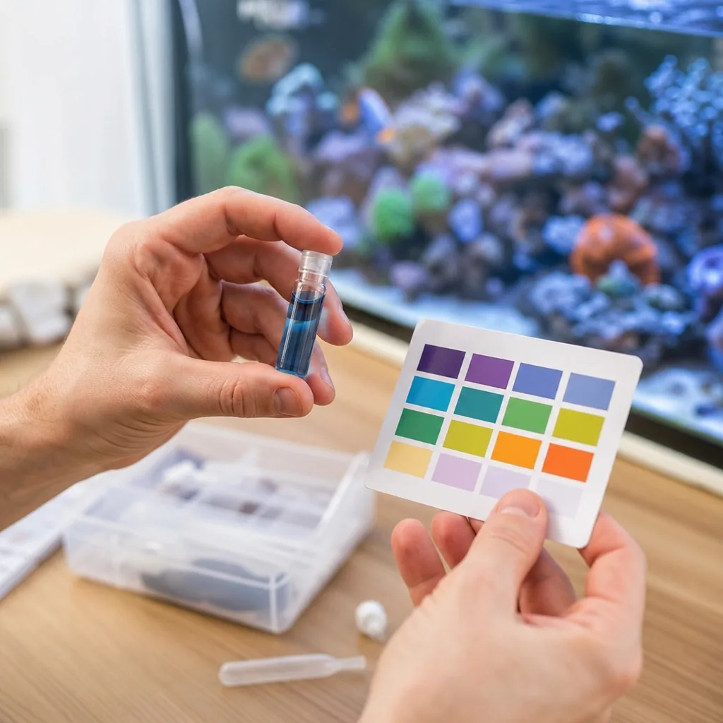 Hand testing reef water chemistry with test vials