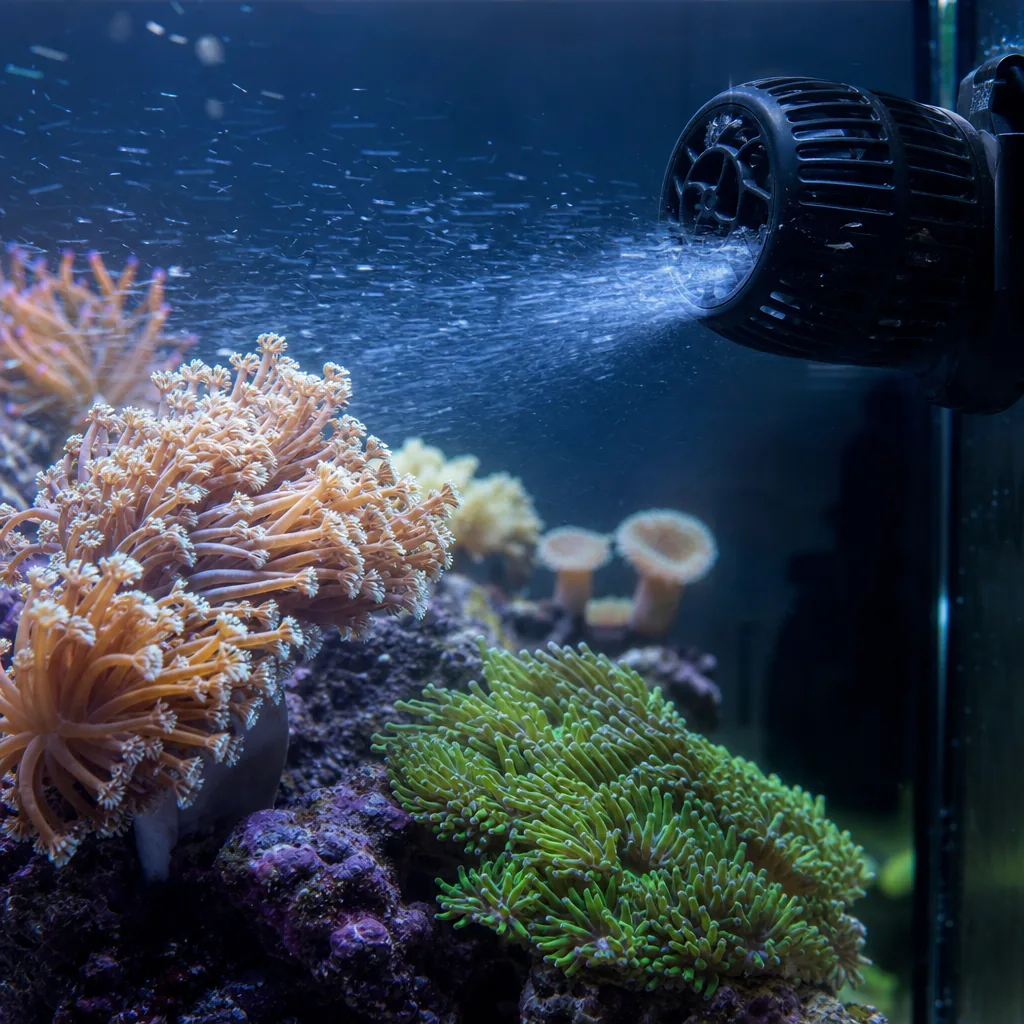 Powerhead pump creating flow across reef corals