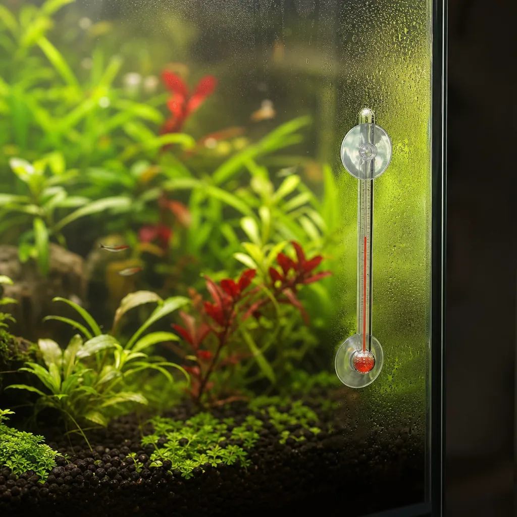 Thermometer showing warm water in a planted tank