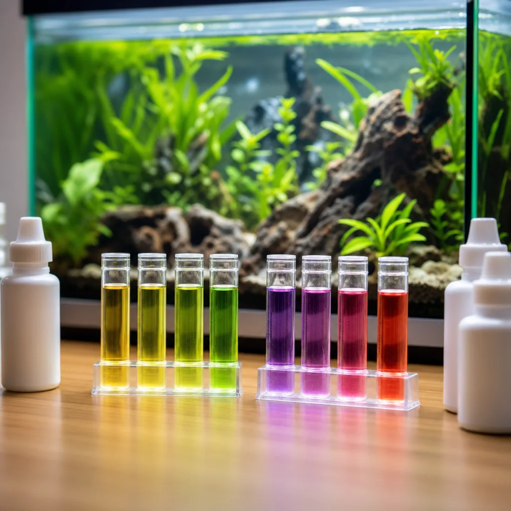 Water test kit vials beside a freshwater aquarium