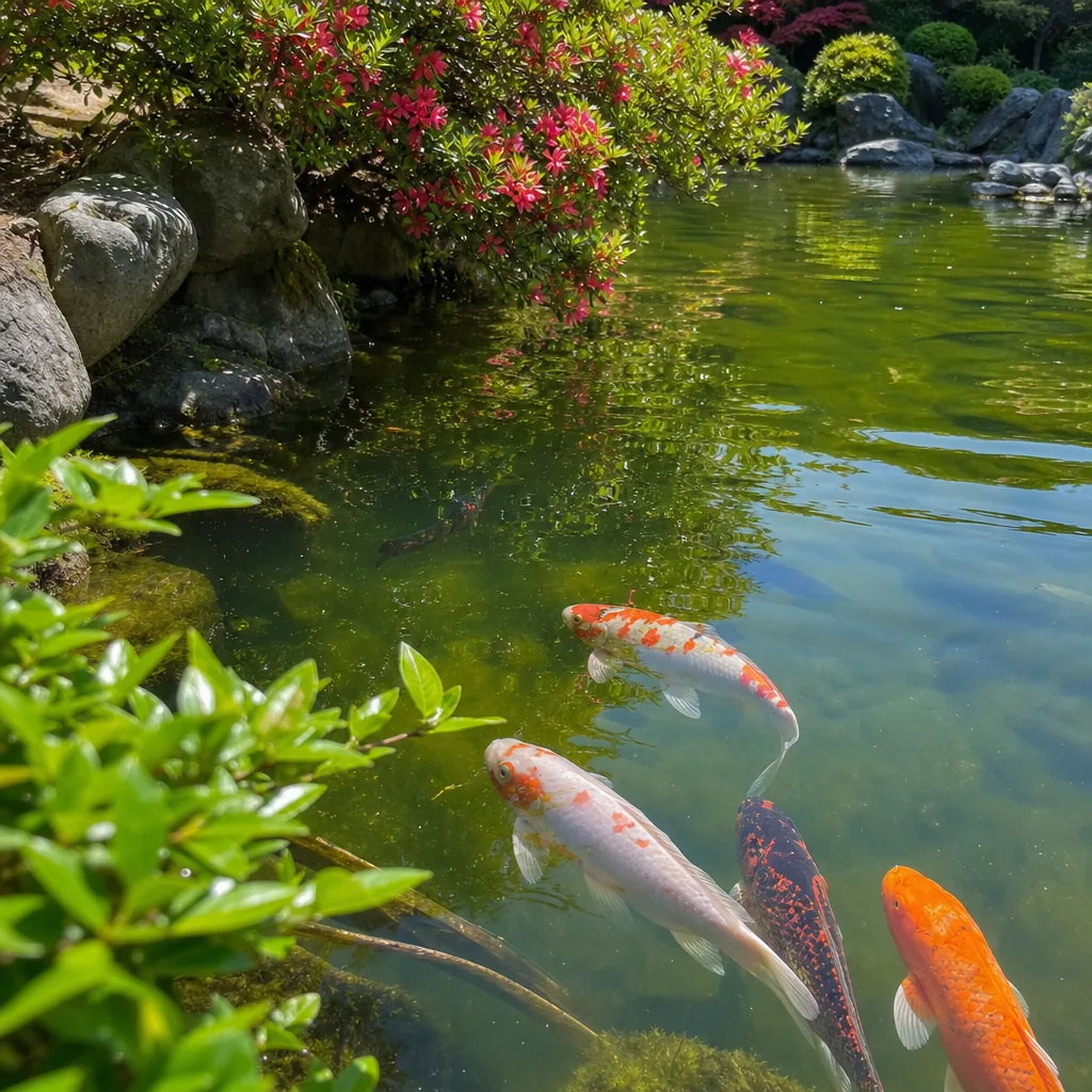 Sunlit pond with fish and excess nutrients