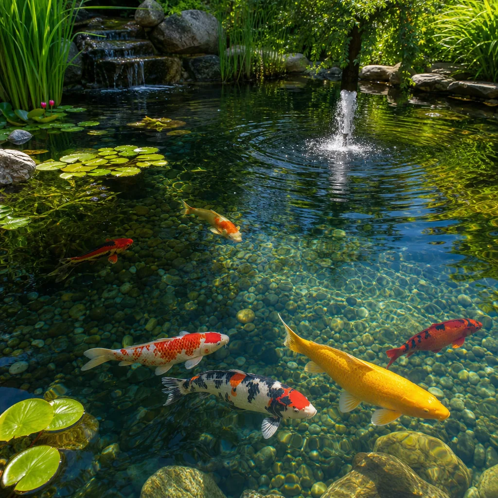 Clear pond water with visible koi and plants