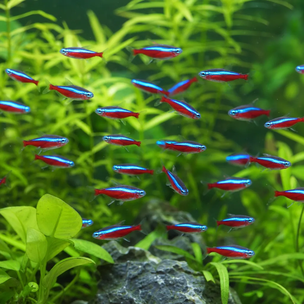 A peaceful school of beginner-friendly tetras swimming together