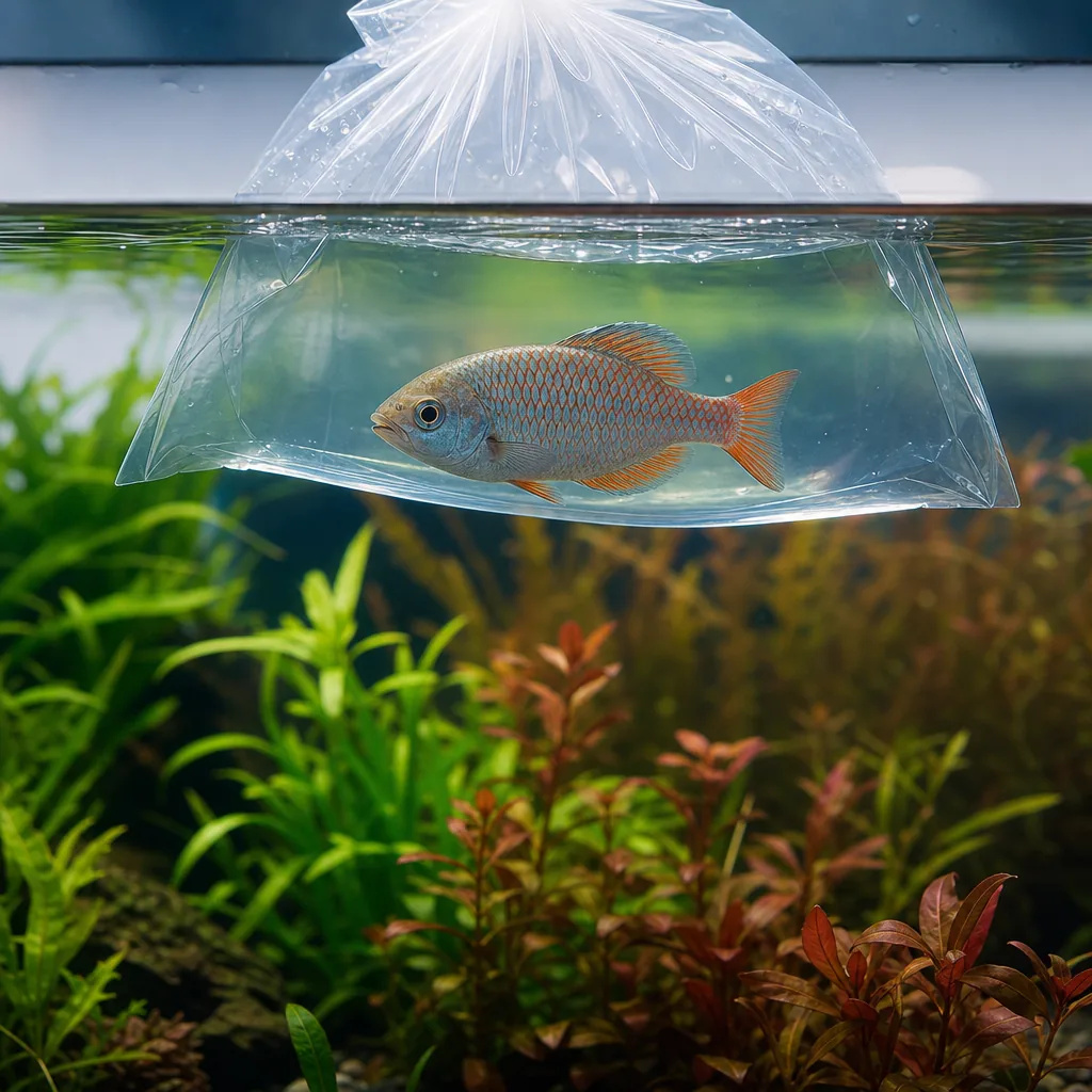 Sealed fish bag floating on the surface of an aquarium