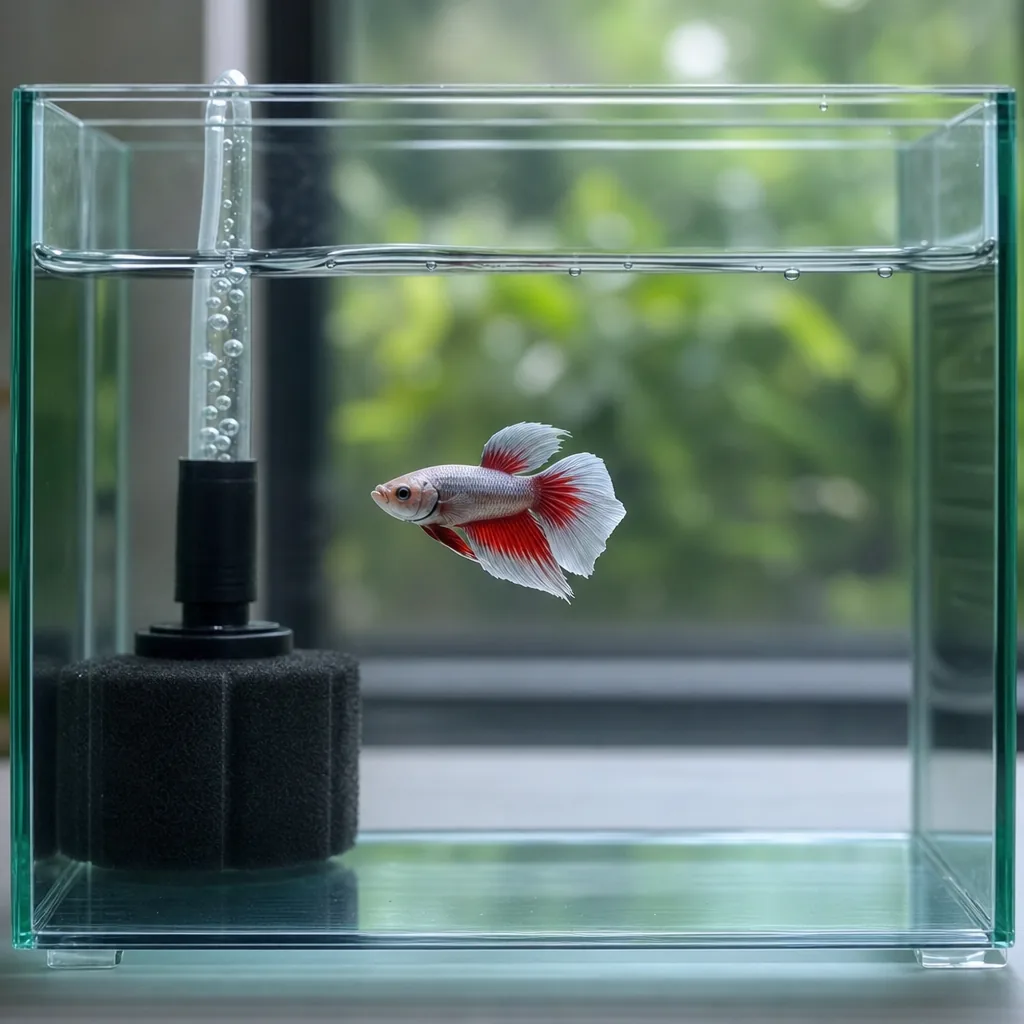 Simple bare quarantine tank with a single fish and sponge filter