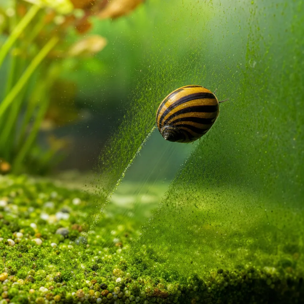 An algae-eating cleanup crew snail at work