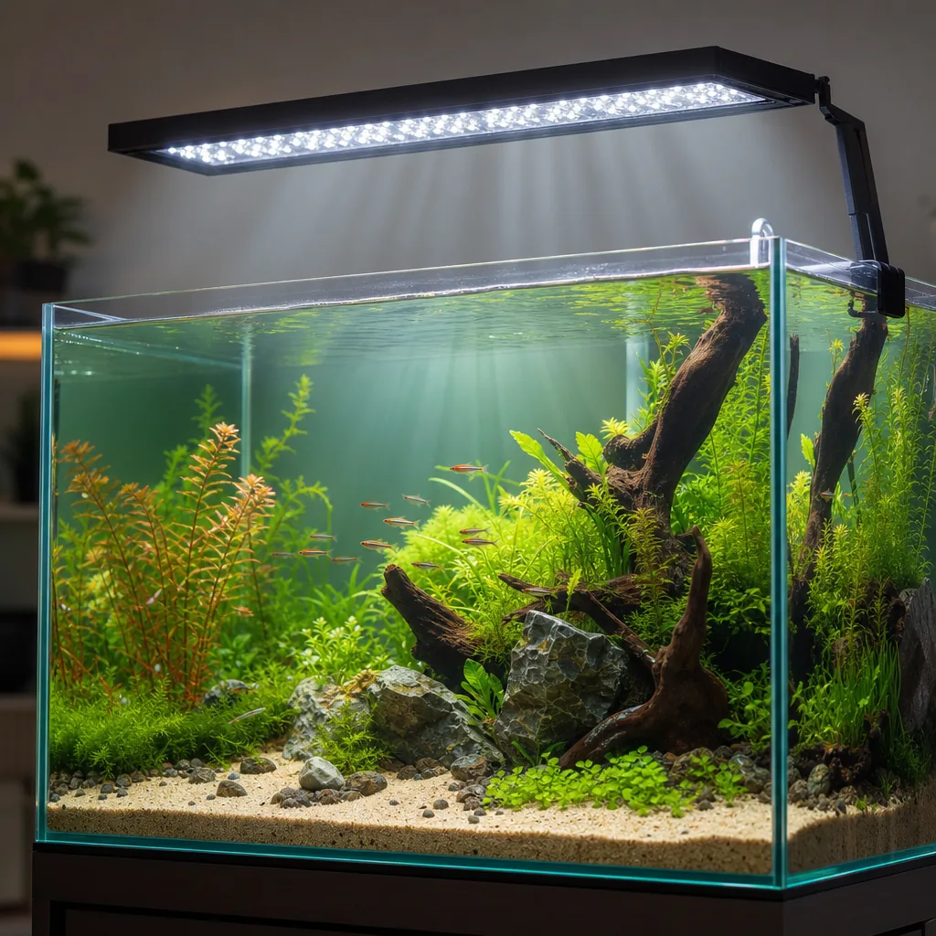 Aquarium light fixture illuminating a freshwater tank