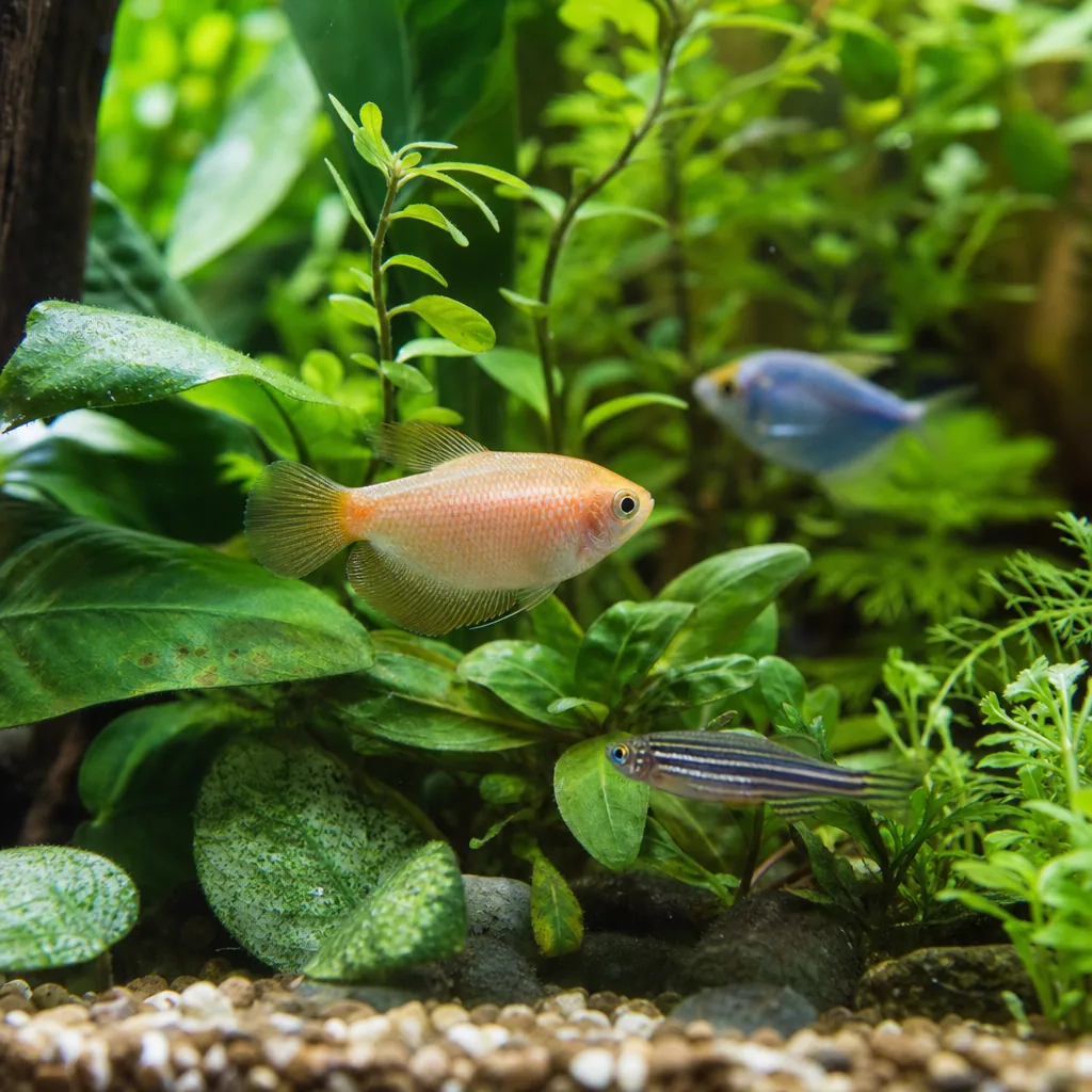 Calm aquarium with well-fed fish near plants