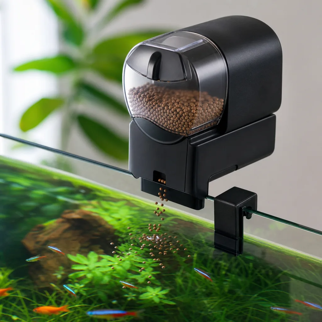 Automatic battery feeder mounted on aquarium lid