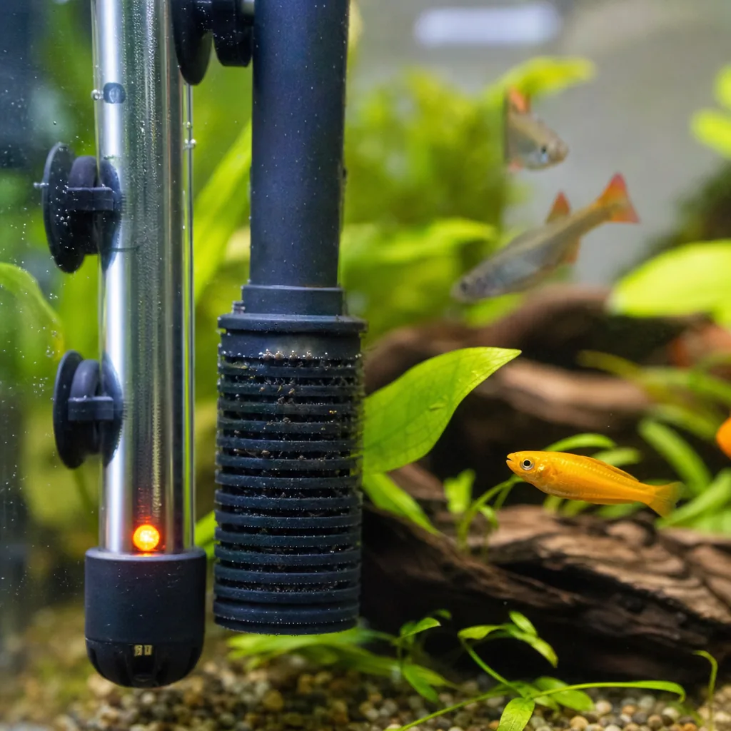 Aquarium heater and filter equipment in display tank